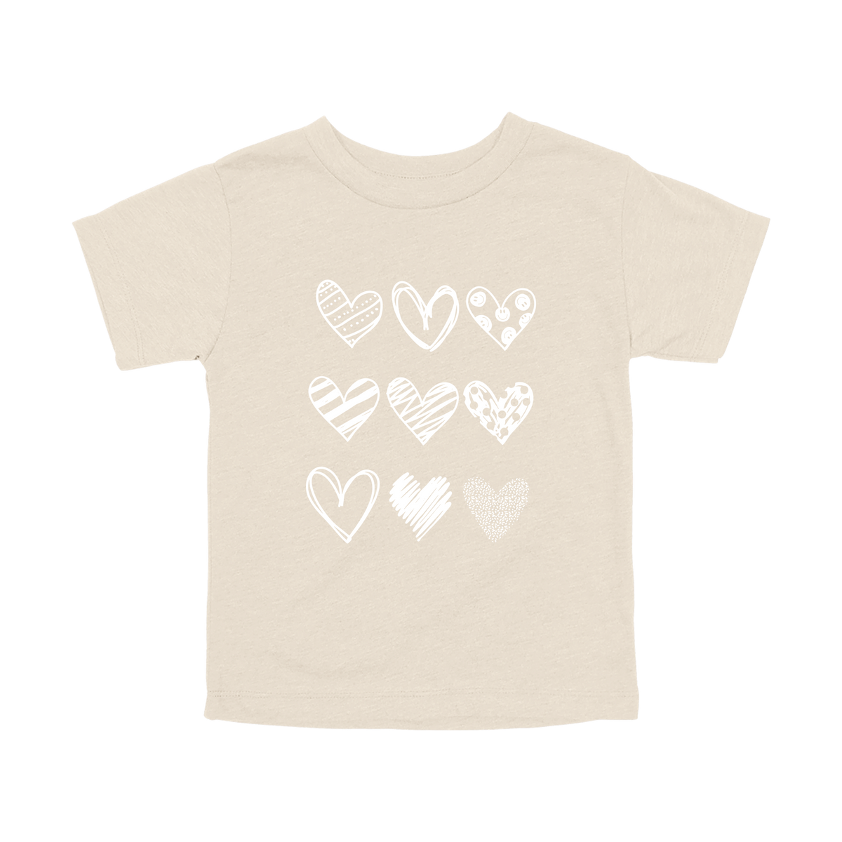 Hearts design on Natural toddler T-Shirt, front view.