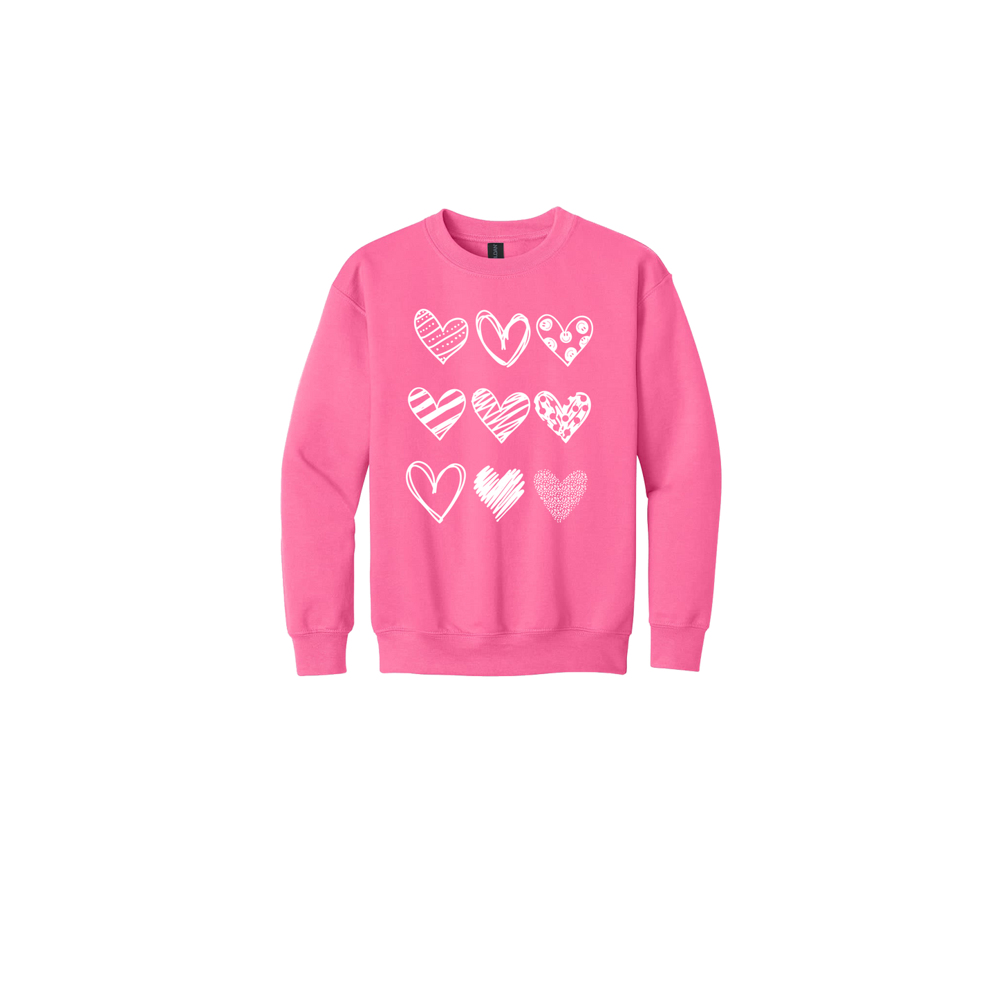 Hearts Apparel on approved youth crewneck in Pink, front view.