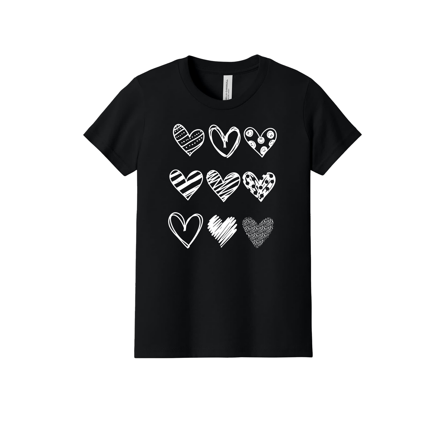 Hearts design on Black youth T-Shirt, front view.