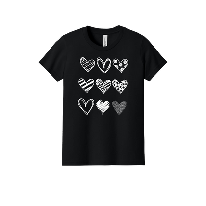 Hearts design on Black youth T-Shirt, front view.