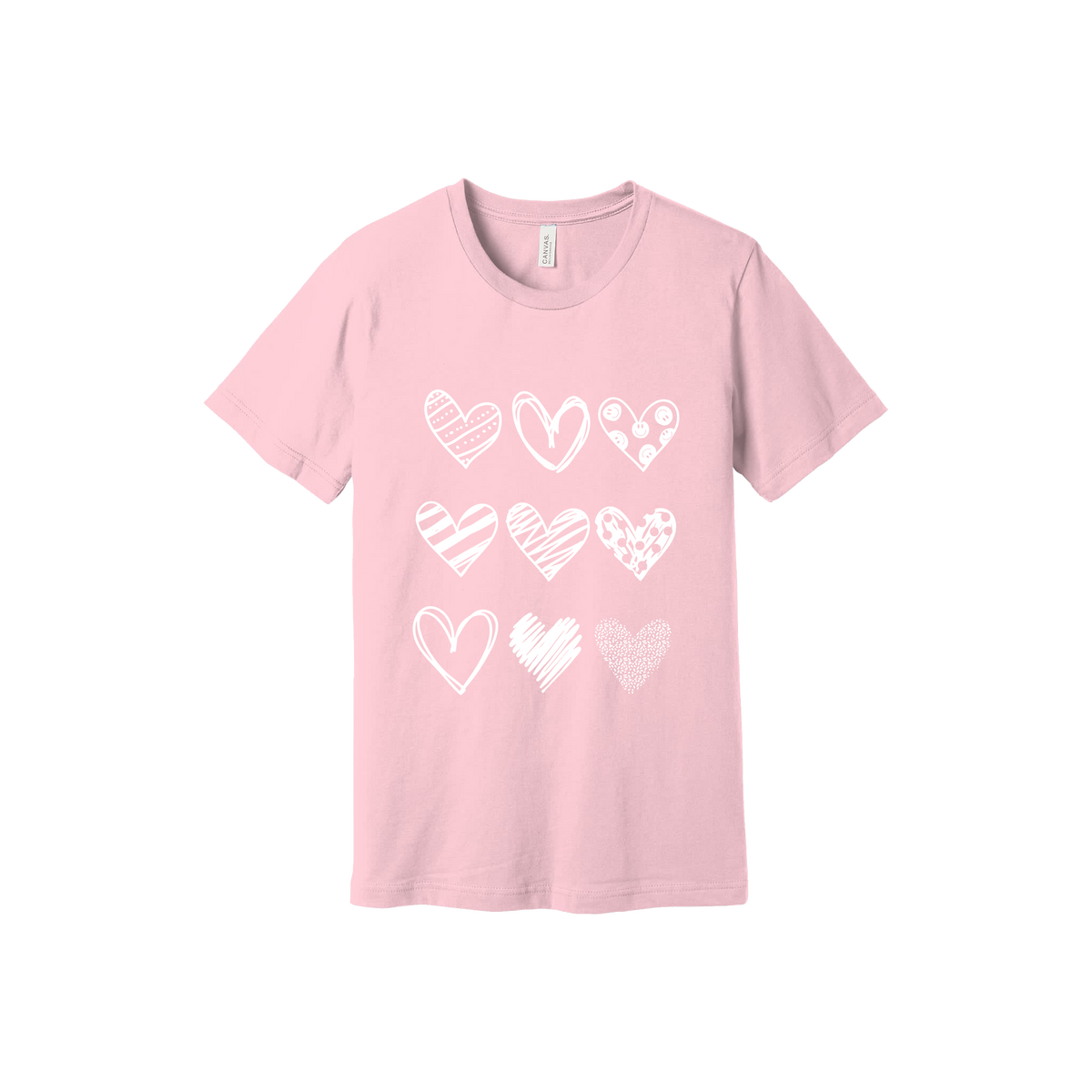 Hearts Apparel design on approved youth Pink T-shirt, front view.