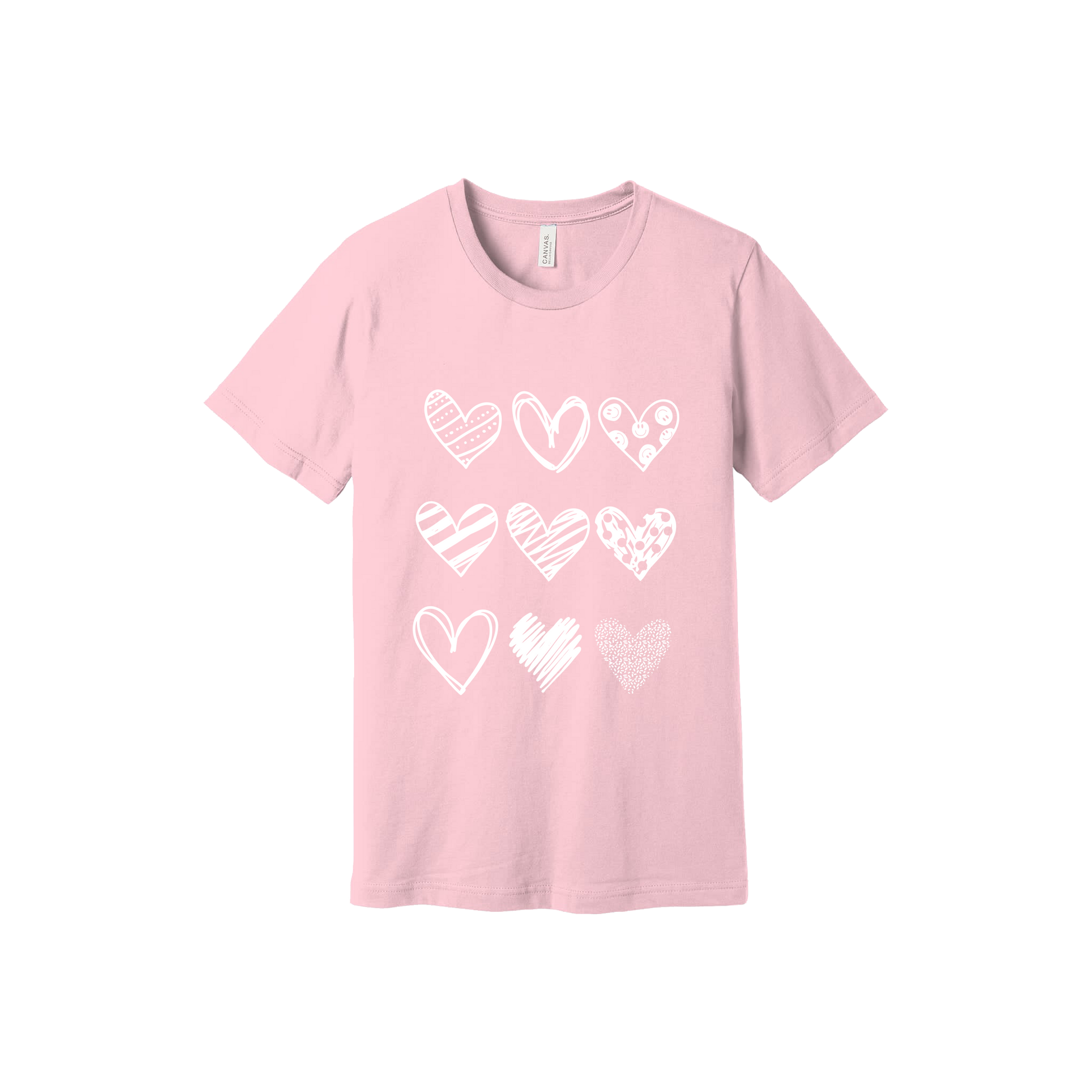 Hearts Apparel design on approved youth Pink T-shirt, front view.
