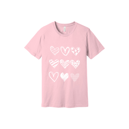 Hearts Apparel design on approved youth Pink T-shirt, front view.
