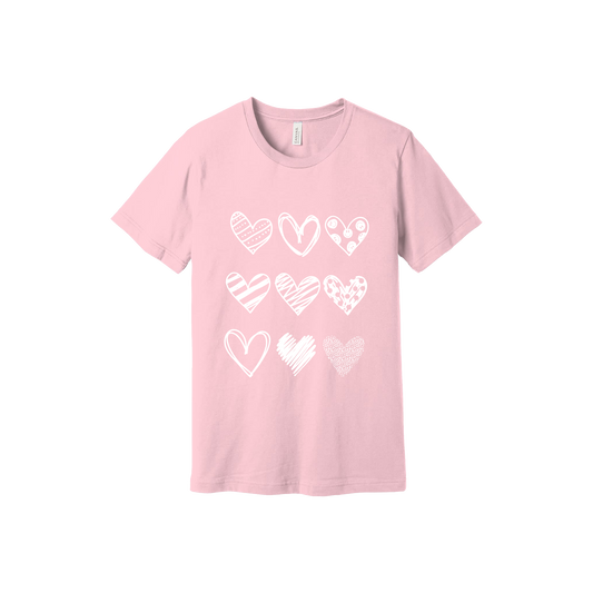 Hearts Apparel design on approved youth Pink T-shirt, front view.
