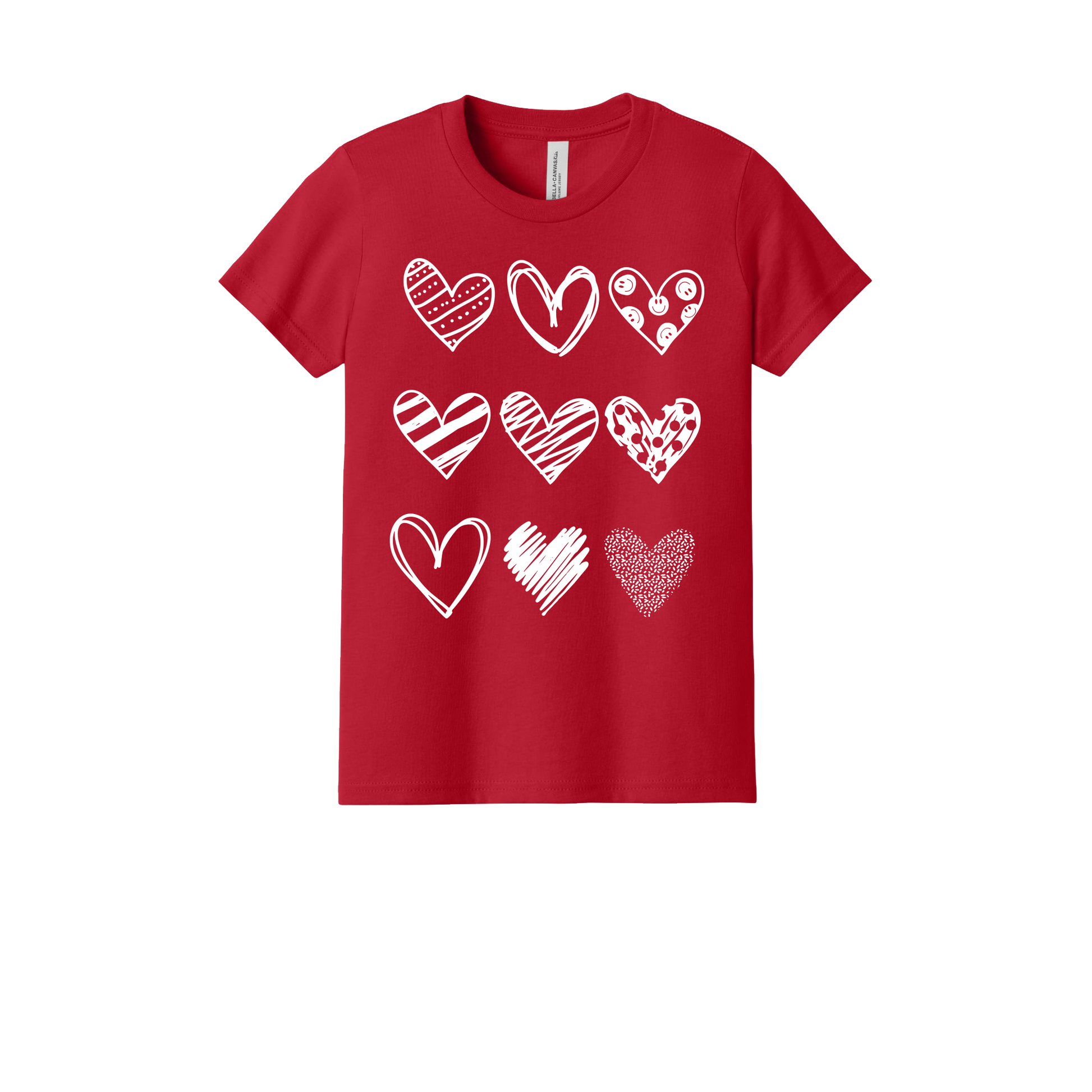 Hearts Apparel design on approved Youth Red T-shirt, front view.