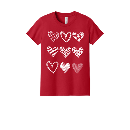 Hearts Apparel design on approved Youth Red T-shirt, front view.