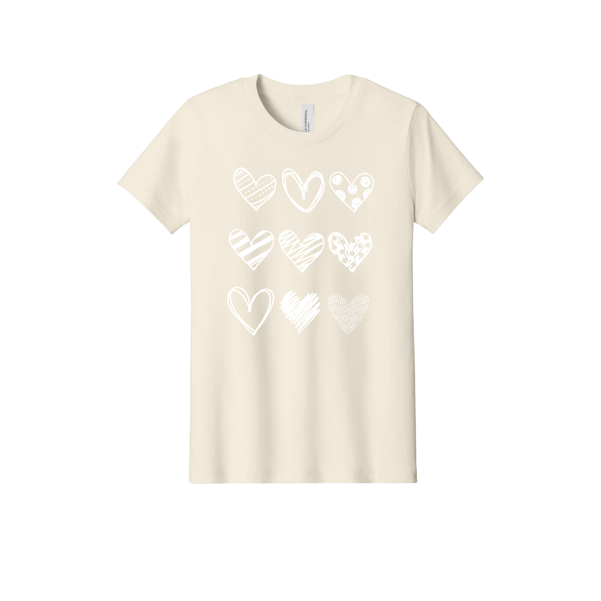 Hearts design on Natural youth T-Shirt, front view.
