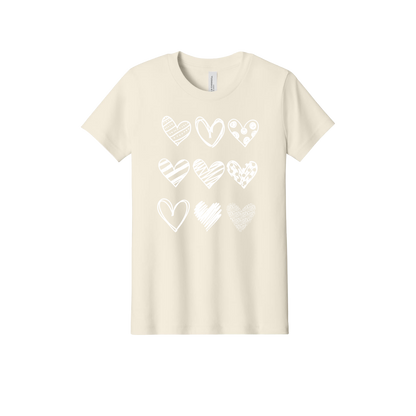 Hearts design on Natural youth T-Shirt, front view.