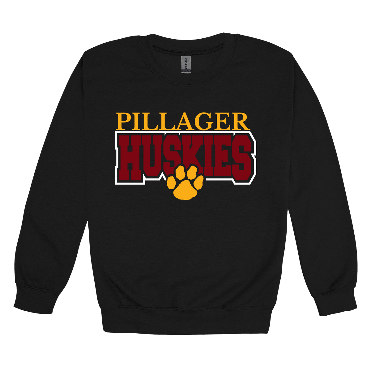 Pillager Huskies school-spirit design on Black adult Crewneck, front view.