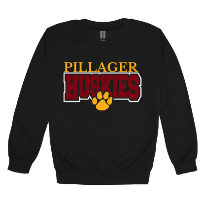 Pillager Huskies school-spirit design on Black adult Crewneck, front view.