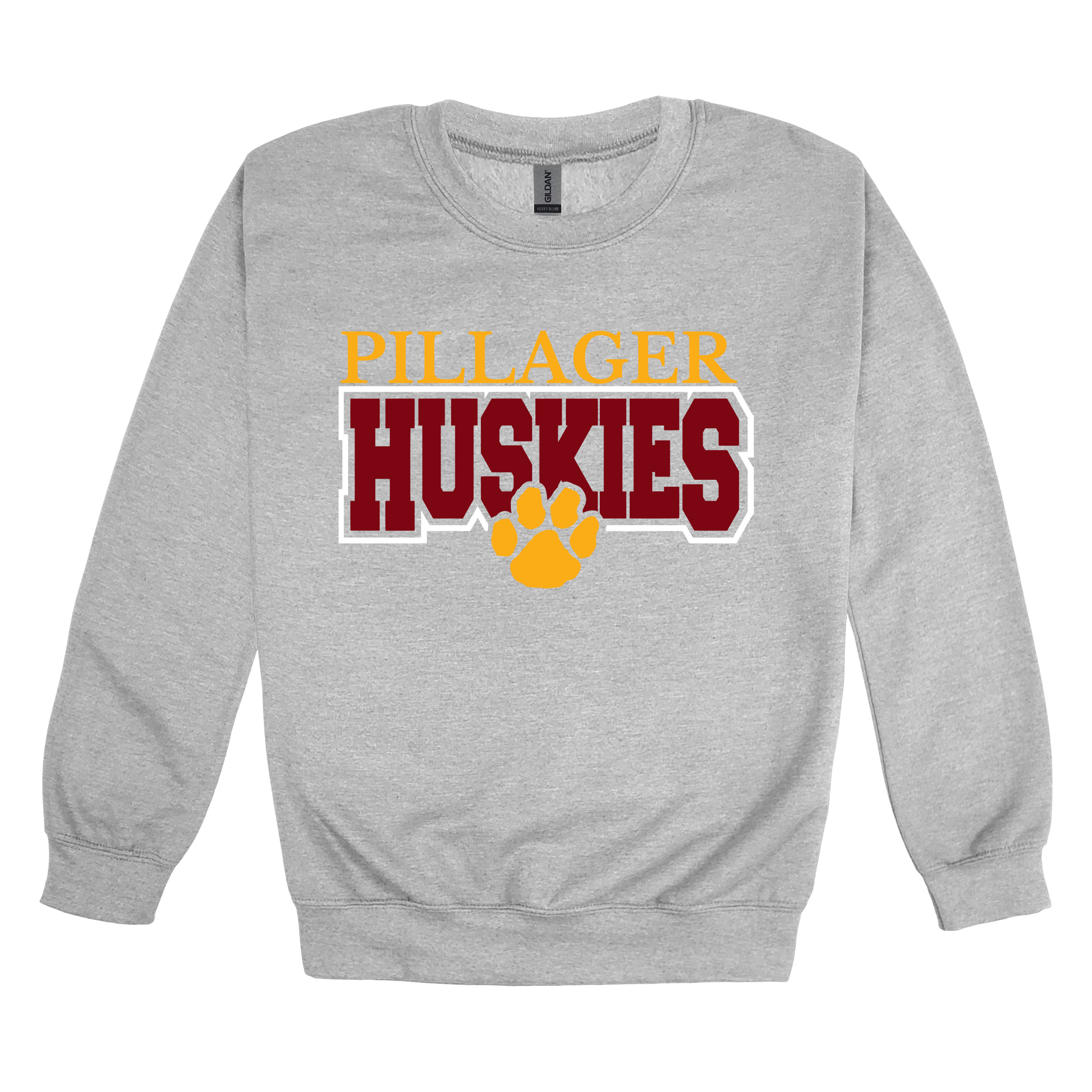 Pillager Huskies school-spirit design on Sport Gray adult Crewneck, front view.