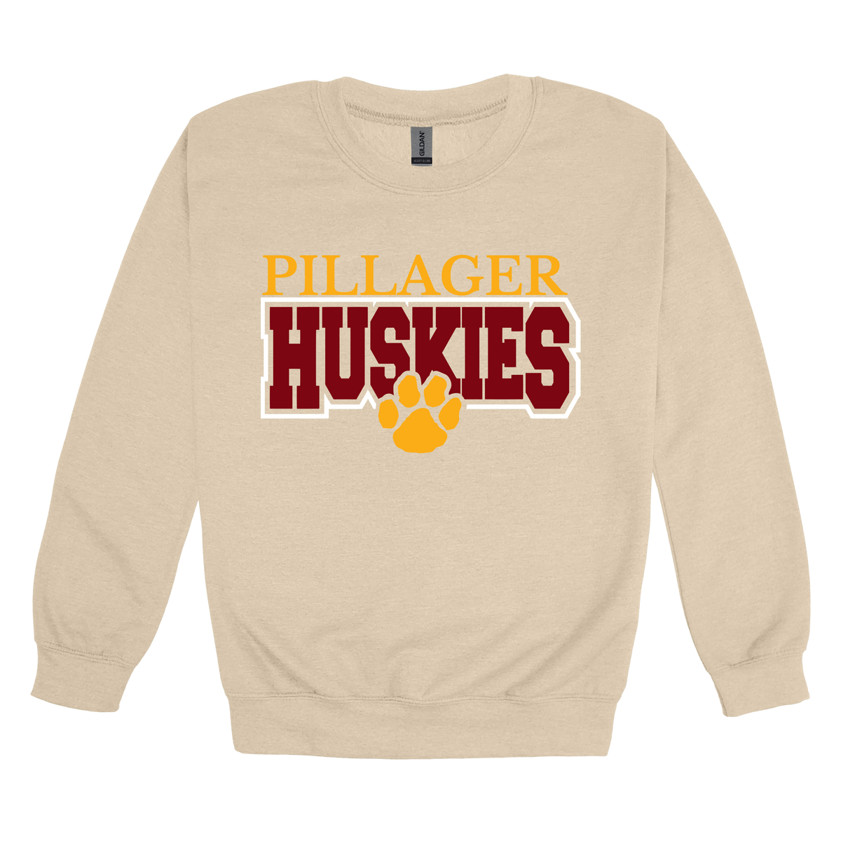 Pillager Huskies school-spirit design on Sand adult Crewneck, front view.