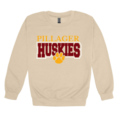 Pillager Huskies school-spirit design on Sand adult Crewneck, front view.