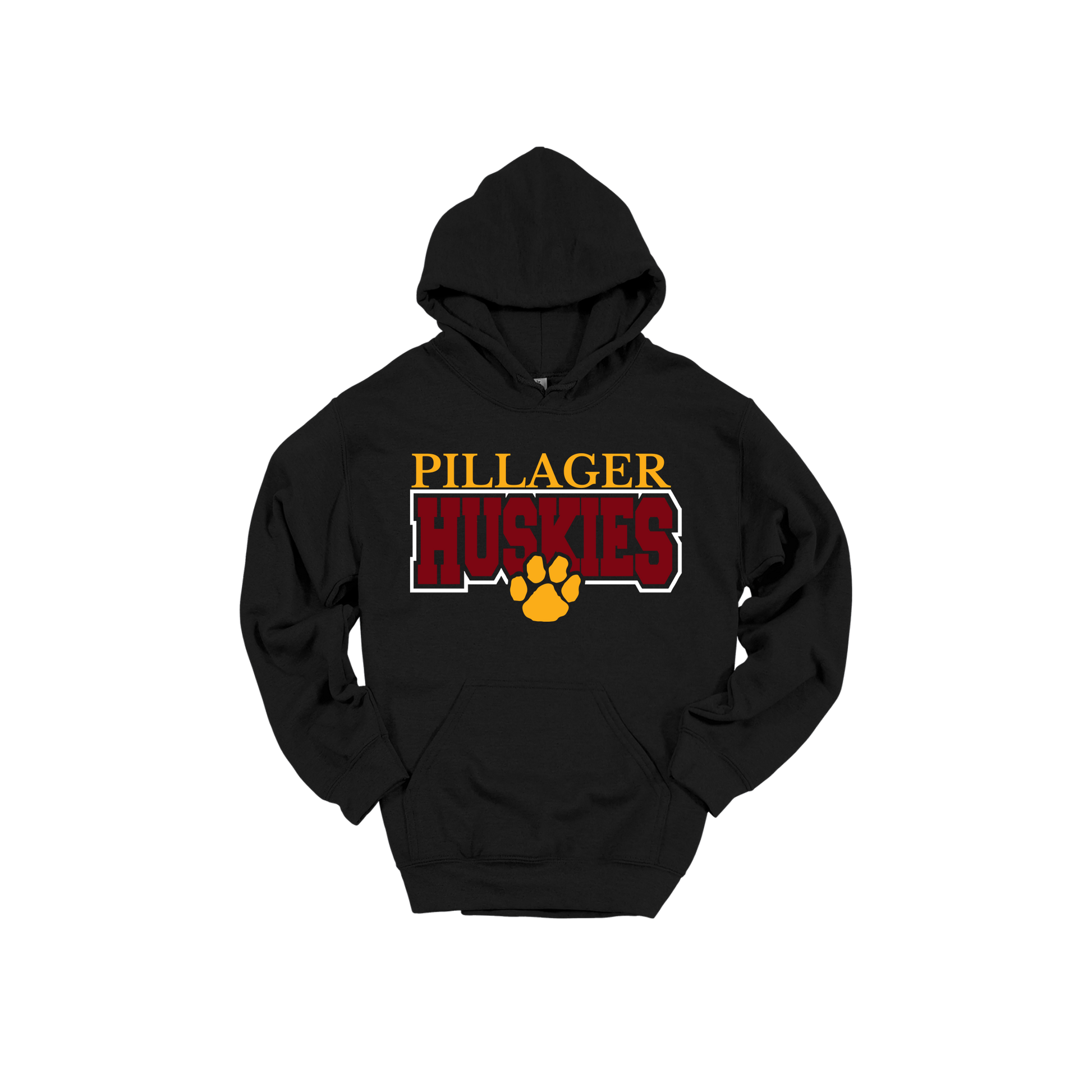 Pillager Huskies school-spirit design on Black adult Hoodie, front view.