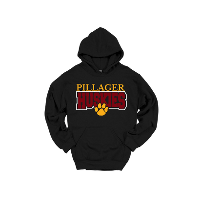 Pillager Huskies school-spirit design on Black adult Hoodie, front view.