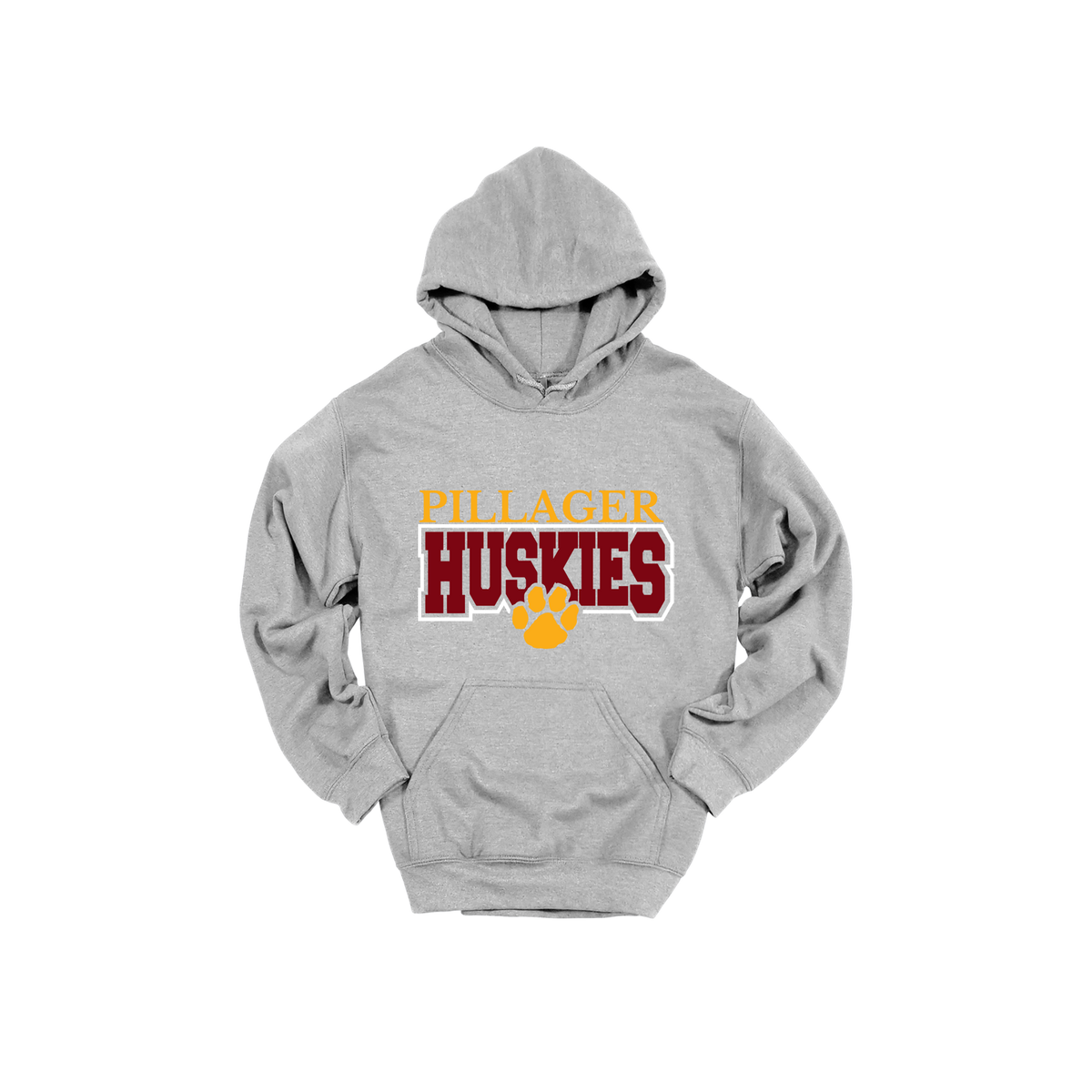 Pillager Huskies school-spirit design on Sport Gray adult Hoodie, front view.