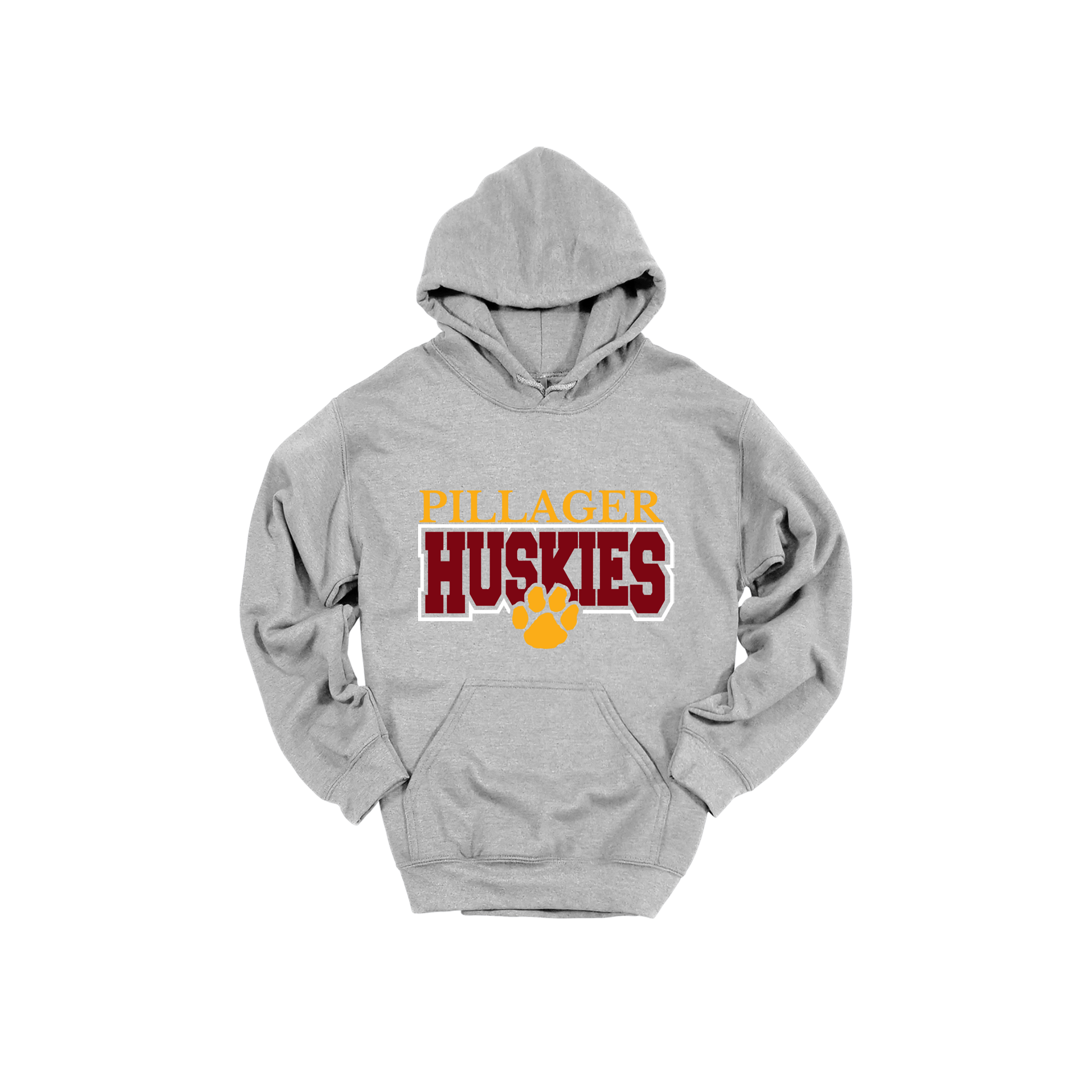 Pillager Huskies school-spirit design on Sport Gray adult Hoodie, front view.