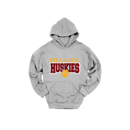 Pillager Huskies school-spirit design on Sport Gray adult Hoodie, front view.