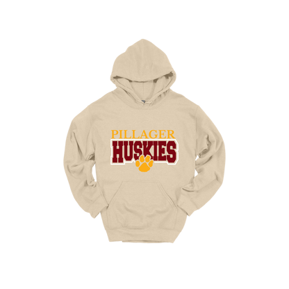 Pillager Huskies school-spirit design on Sand adult Hoodie, front view.