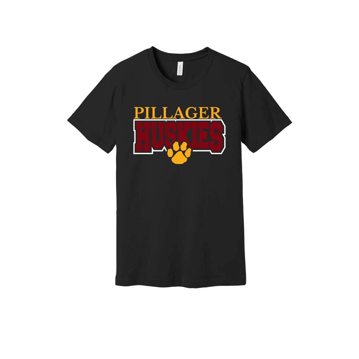 Pillager Huskies school-spirit design on Black adult T-Shirt, front view.