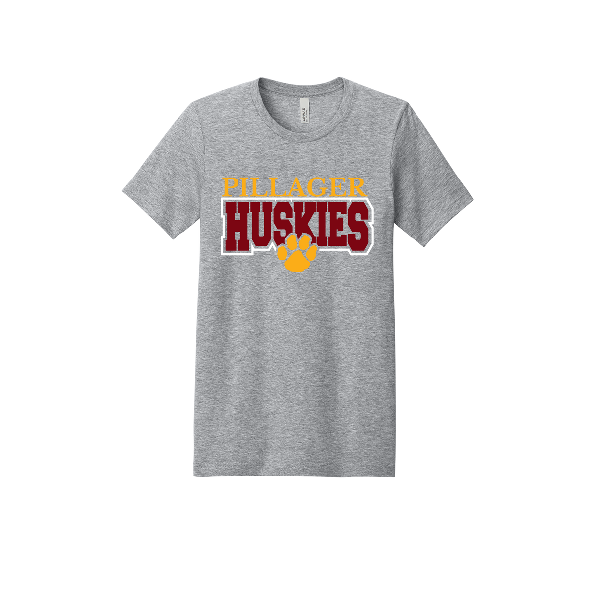 Pillager Huskies school-spirit design on Heather Athletic Gray adult T-Shirt, front view.