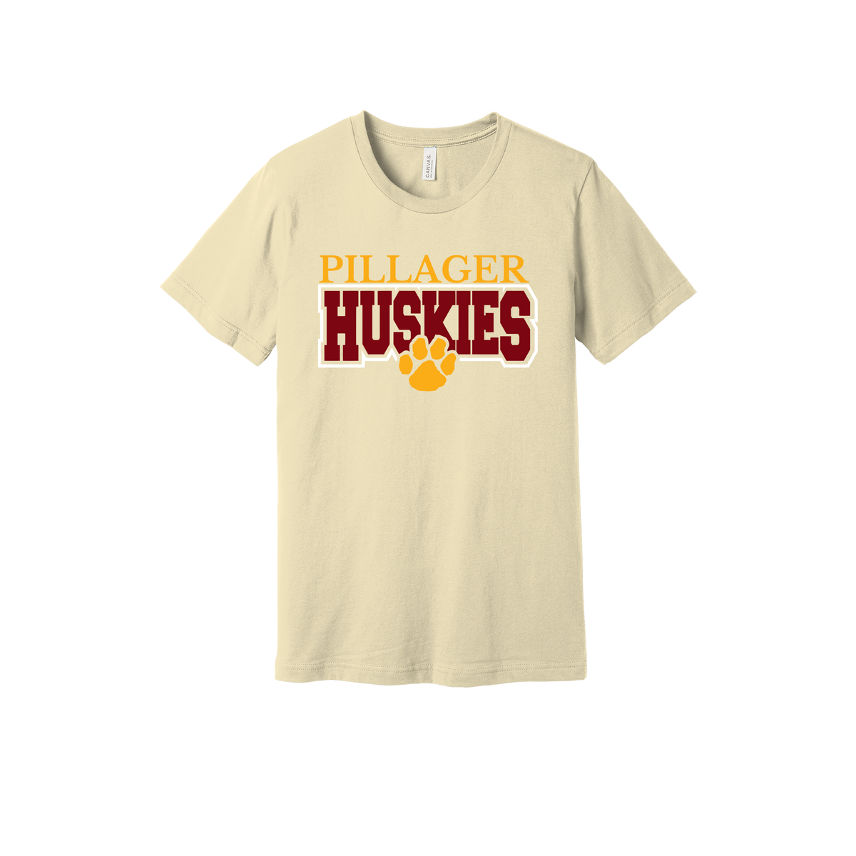 Pillager Huskies school-spirit design on Natural adult T-Shirt, front view.