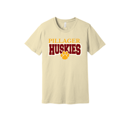 Pillager Huskies school-spirit design on Natural adult T-Shirt, front view.