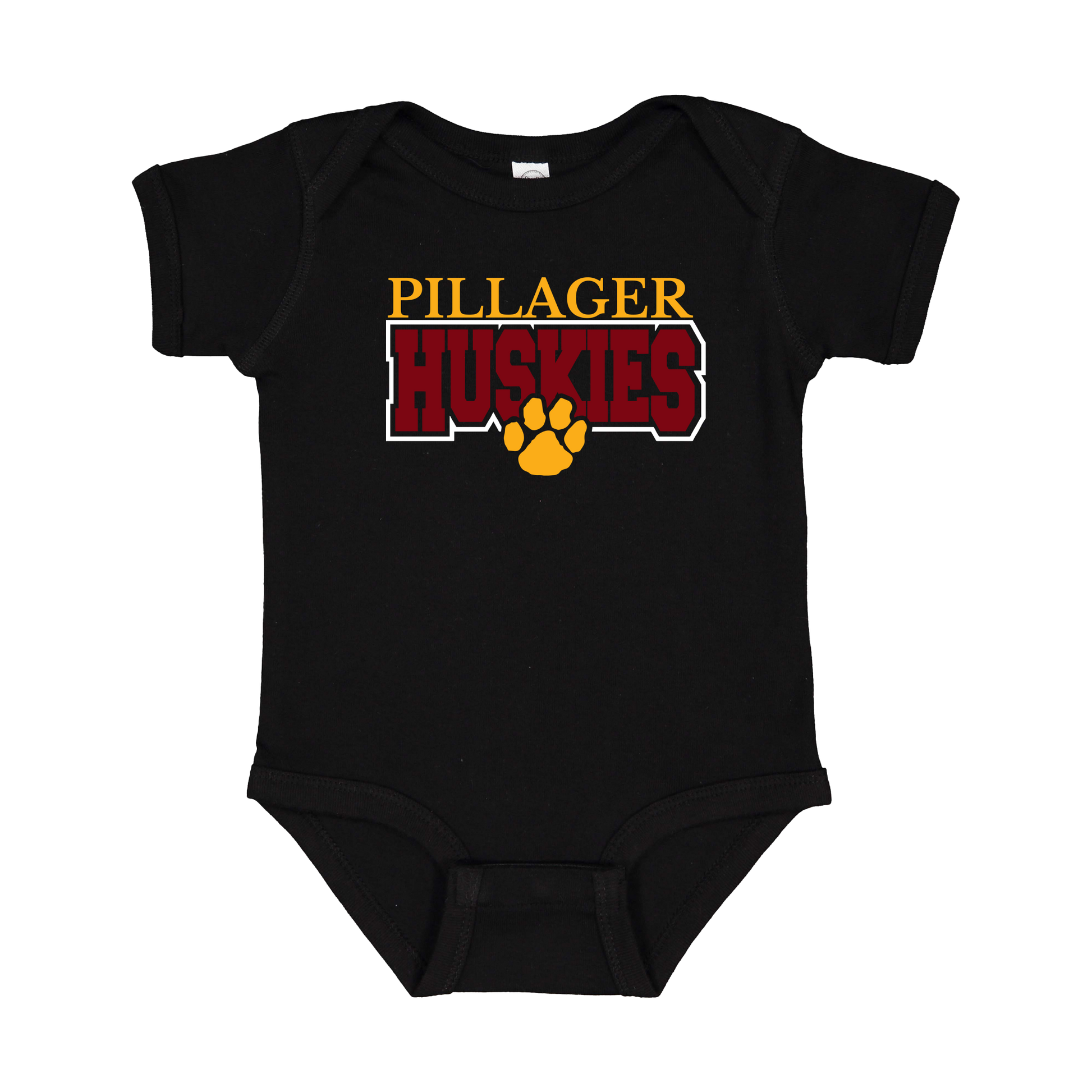Pillager Huskies school-spirit design on Black infant Onesie, front view.