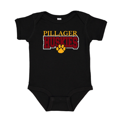 Pillager Huskies school-spirit design on Black infant Onesie, front view.