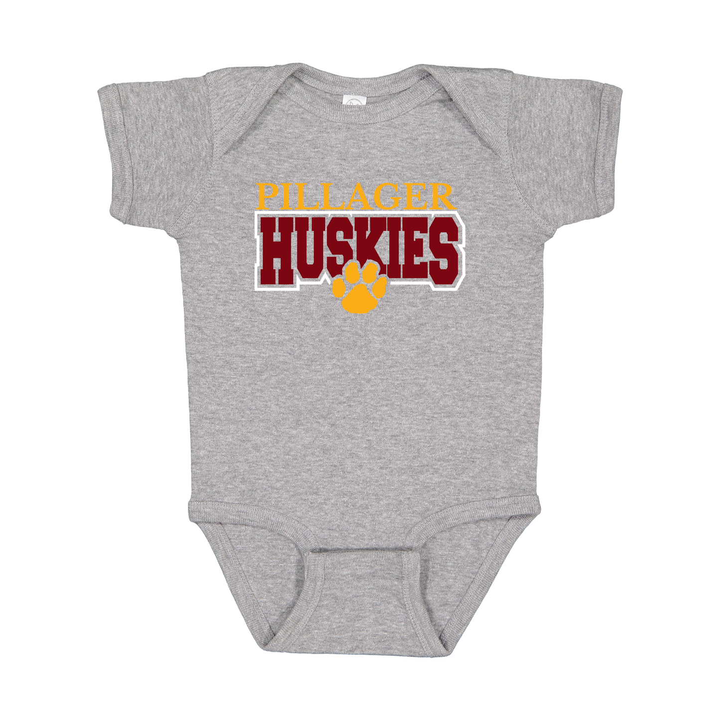 Pillager Huskies school-spirit design on Heather Athletic Gray infant Onesie, front view.