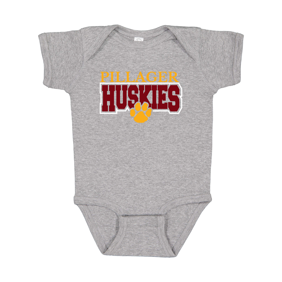 Pillager Huskies school-spirit design on Heather Athletic Gray infant Onesie, front view.