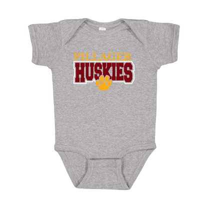 Pillager Huskies school-spirit design on Heather Athletic Gray infant Onesie, front view.