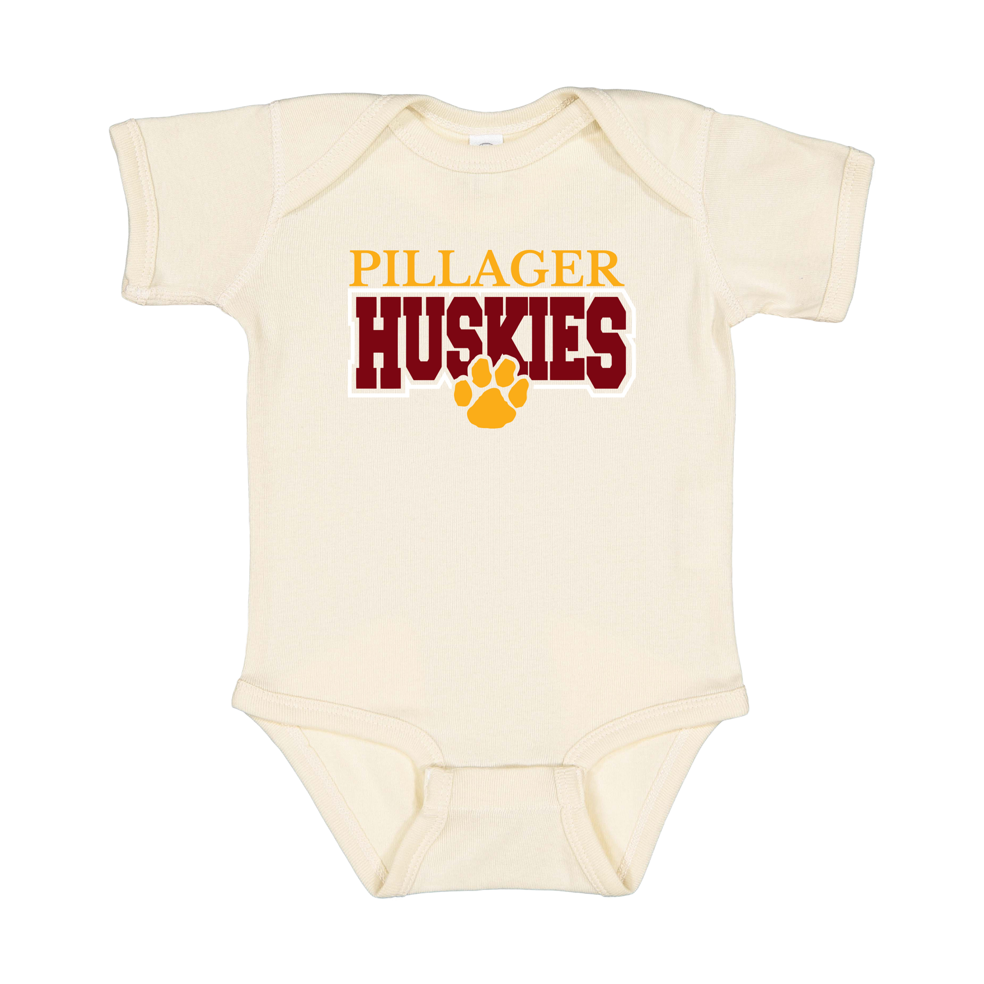 Pillager Huskies school-spirit design on Natural infant Onesie, front view.