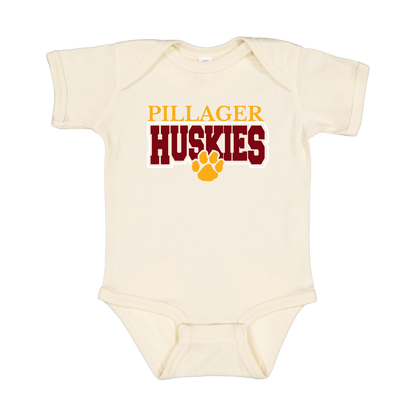 Pillager Huskies school-spirit design on Natural infant Onesie, front view.