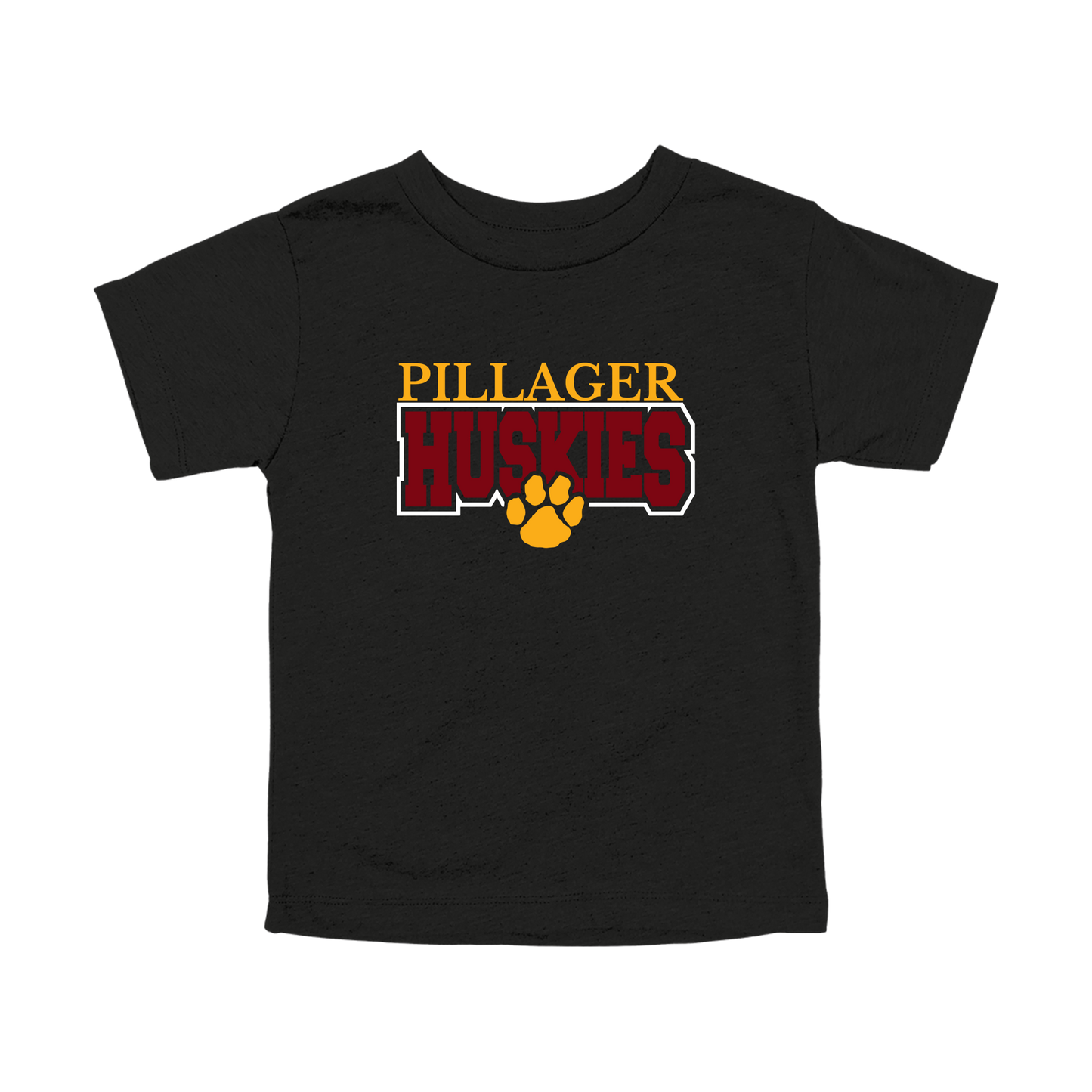 Pillager Huskies school-spirit design on Black toddler T-Shirt, front view.