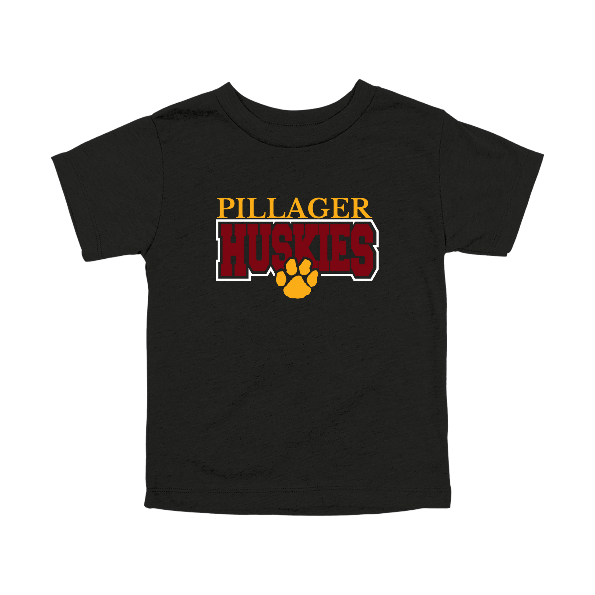 Pillager Huskies school-spirit design on Black toddler T-Shirt, front view.