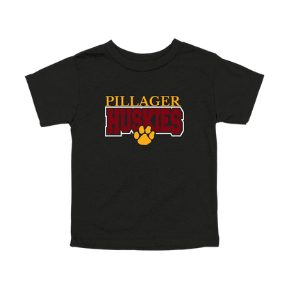 Pillager Huskies school-spirit design on Black toddler T-Shirt, front view.