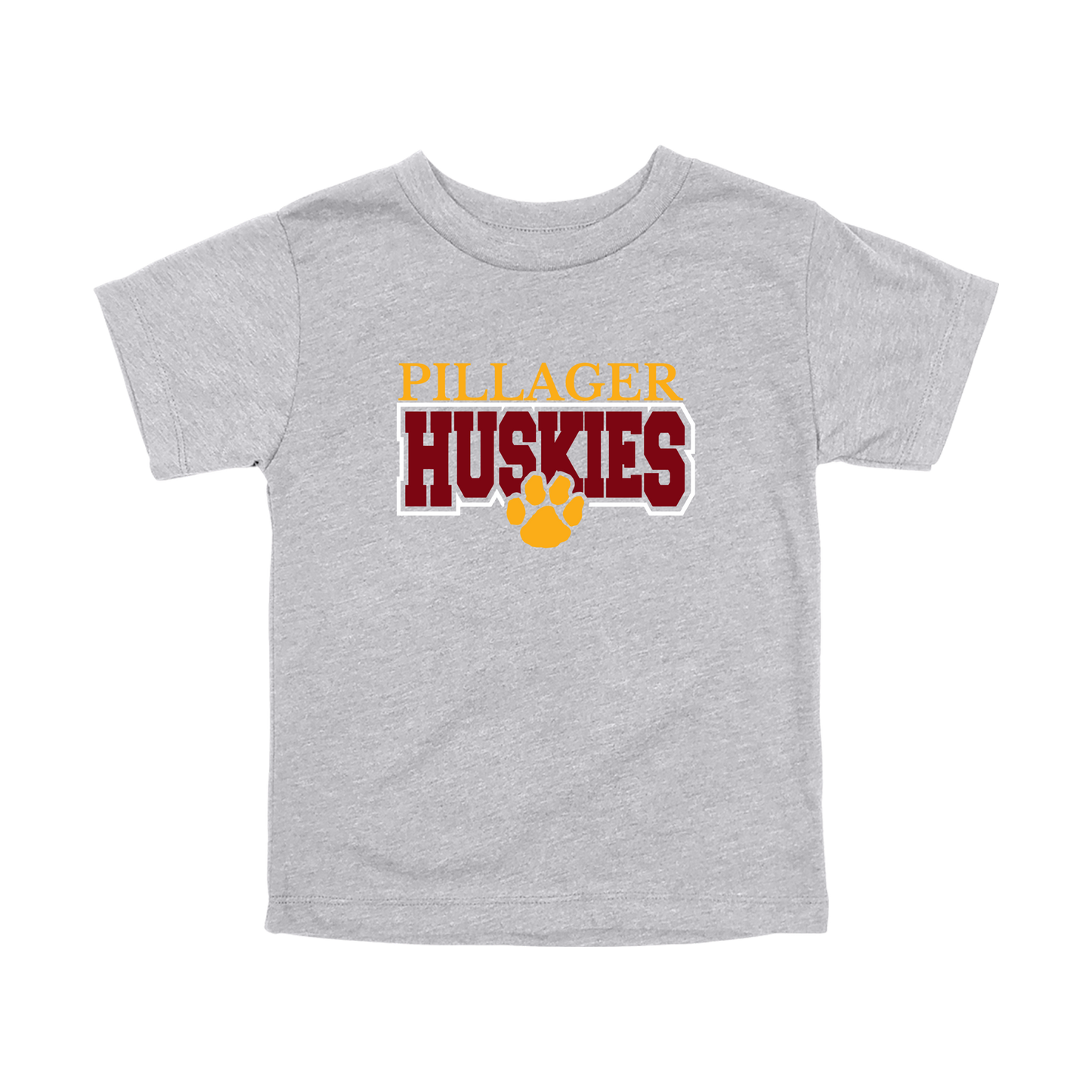 Pillager Huskies school-spirit design on Heather Athletic Gray toddler T-Shirt, front view.