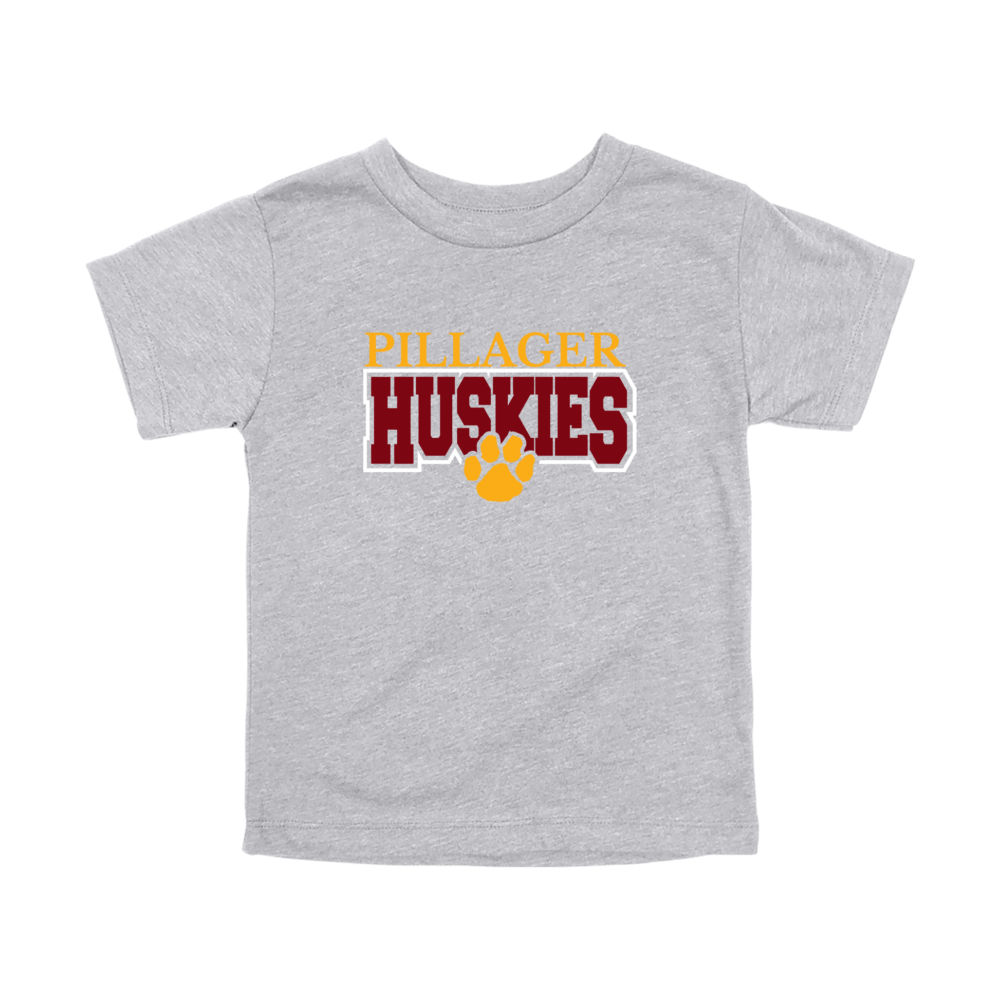 Pillager Huskies school-spirit design on Heather Athletic Gray toddler T-Shirt, front view.