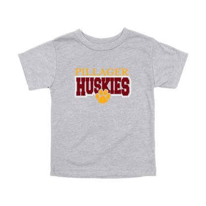 Pillager Huskies school-spirit design on Heather Athletic Gray toddler T-Shirt, front view.