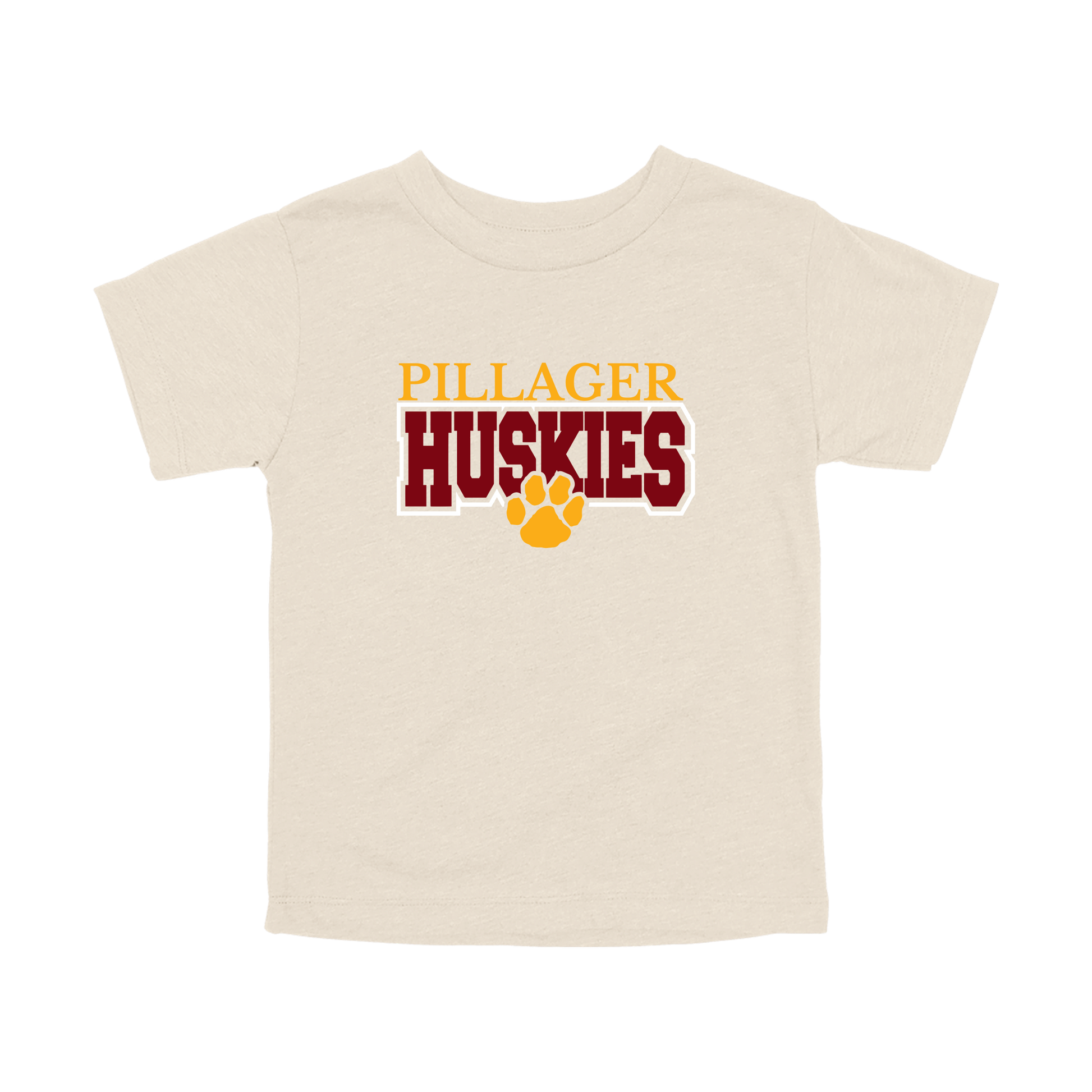 Pillager Huskies school-spirit design on Natural toddler T-Shirt, front view.