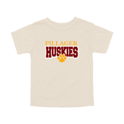 Pillager Huskies school-spirit design on Natural toddler T-Shirt, front view.