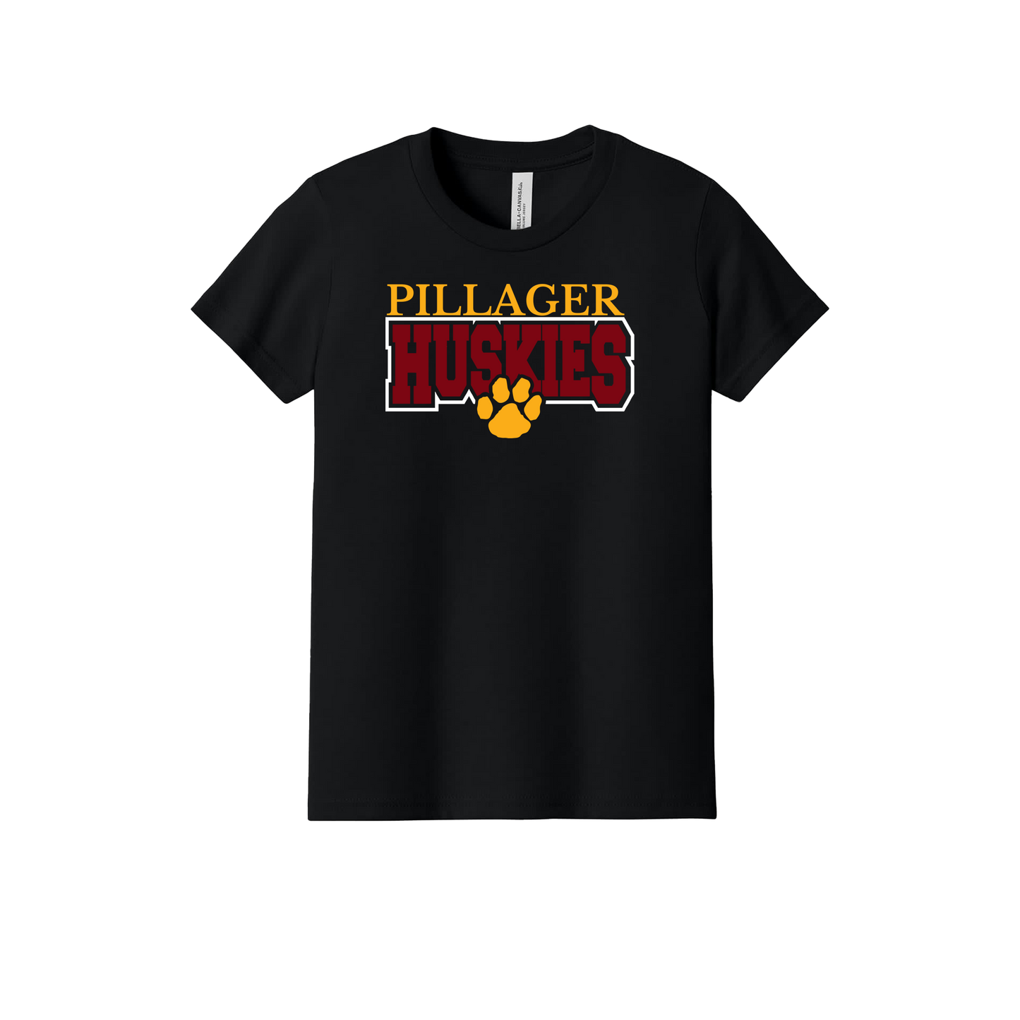 Pillager Huskies school-spirit design on Black youth T-Shirt, front view.