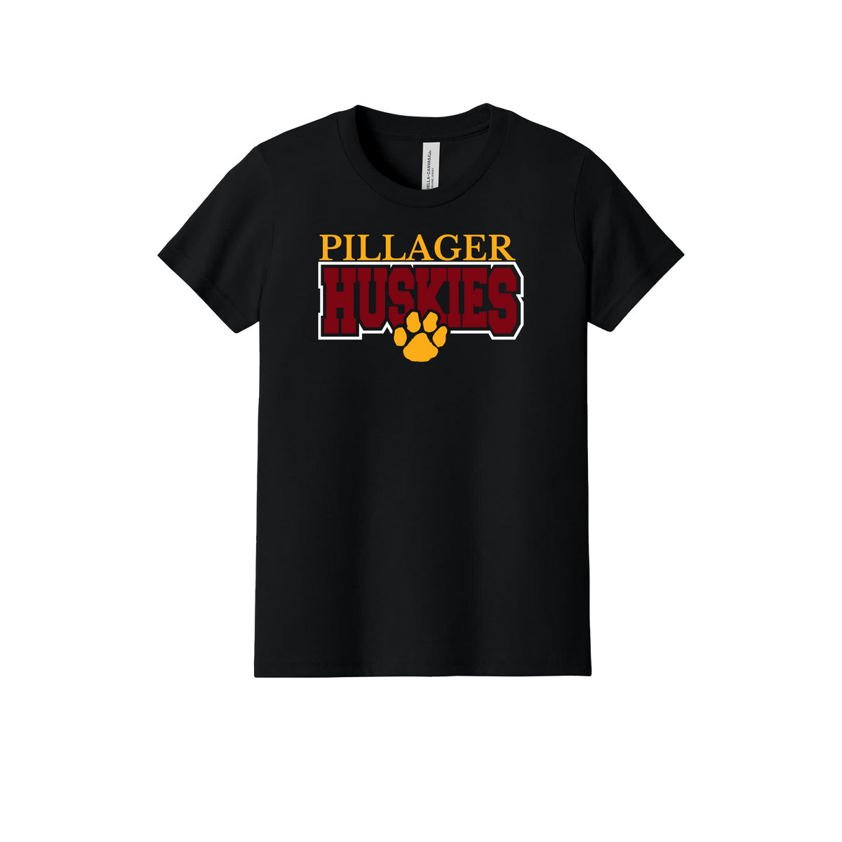 Pillager Huskies school-spirit design on Black youth T-Shirt, front view.