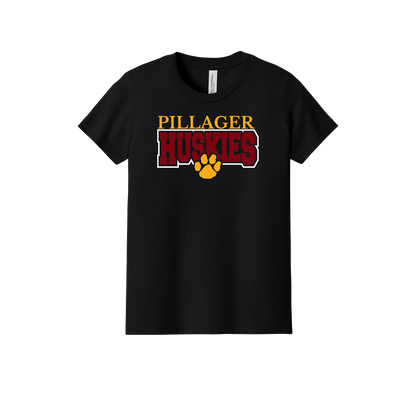 Pillager Huskies school-spirit design on Black youth T-Shirt, front view.