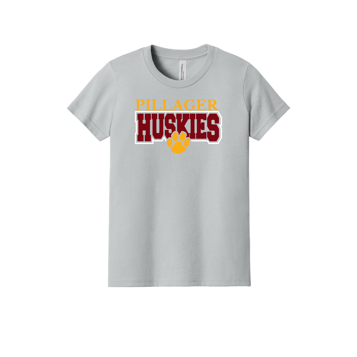 Pillager Huskies school-spirit design on Heather Athletic Gray youth T-Shirt, front view.
