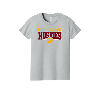 Pillager Huskies school-spirit design on Heather Athletic Gray youth T-Shirt, front view.