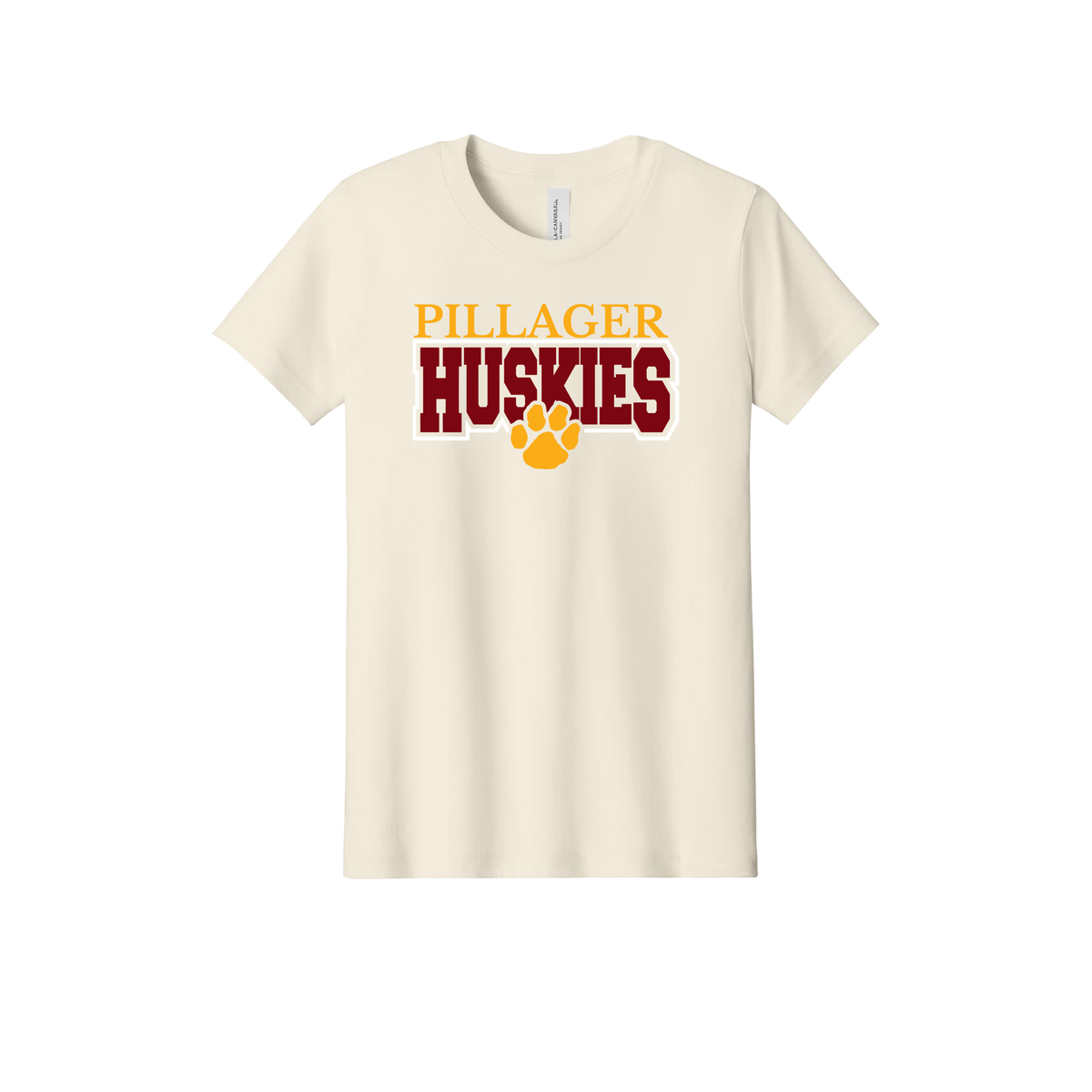 Pillager Huskies school-spirit design on Natural youth T-Shirt, front view.