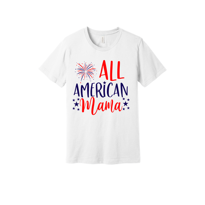 All American Mama patriotic design on White adult T-shirt, front view.