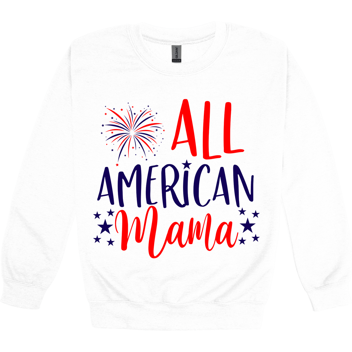 All American Mama patriotic design on White adult crewneck, front view.